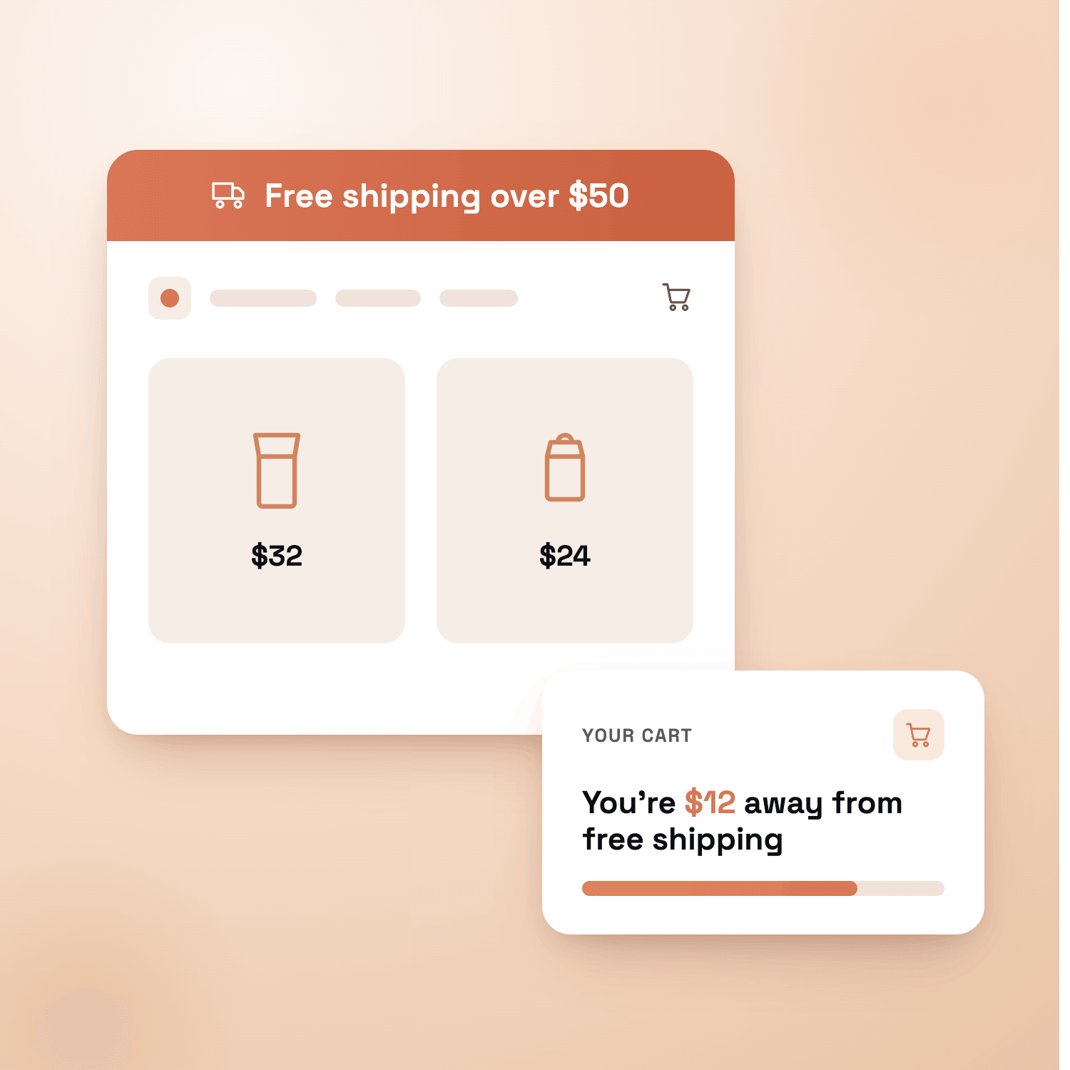 A storefront with a Free shipping over $50 announcement bar across the top, and a cart card showing a free-shipping progress bar.