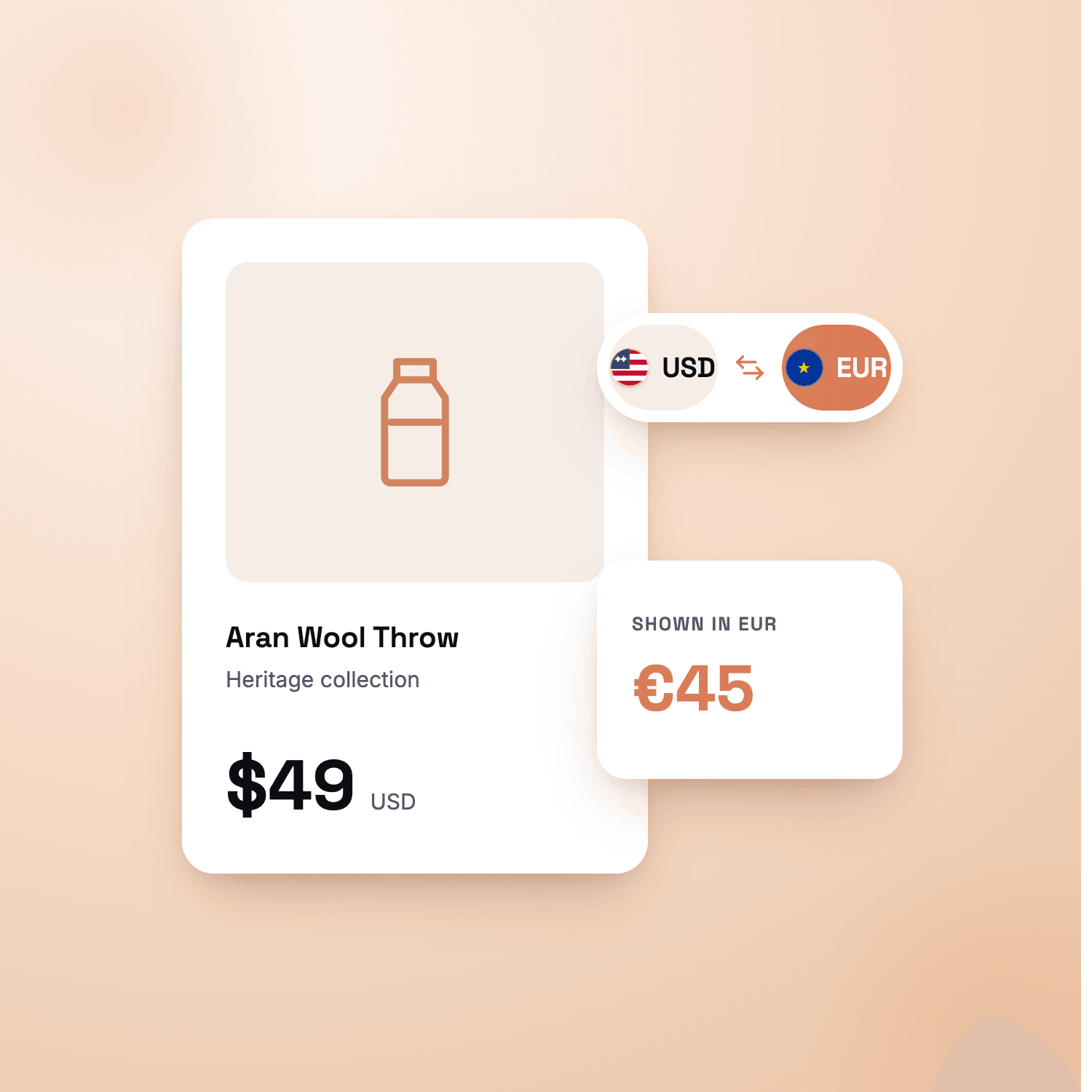 A product card priced at $49 USD with a currency switcher showing the same price as EUR 45 for a EUR shopper.