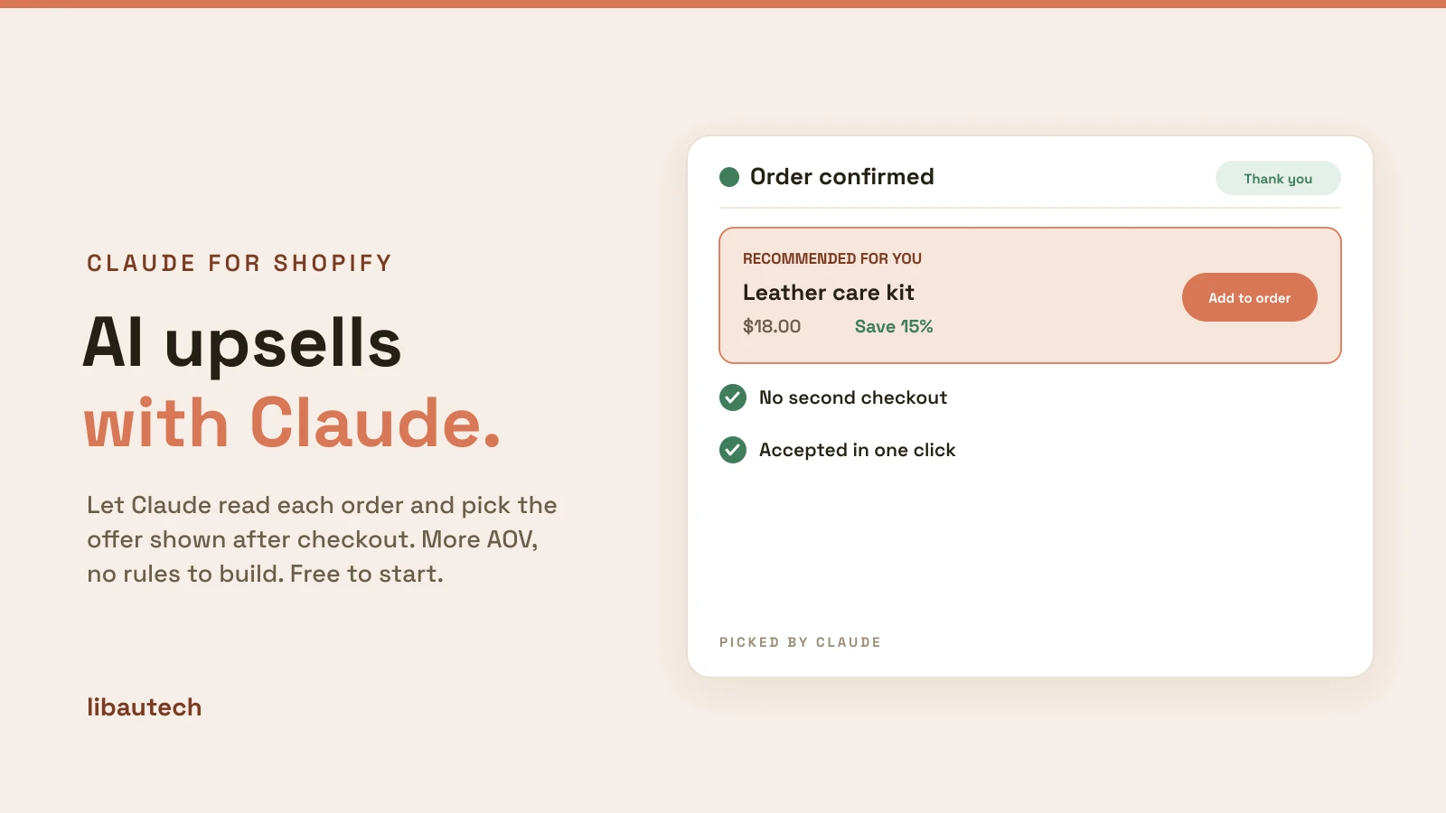 A post-purchase thank-you page showing an AI-picked upsell offer with a one-click add button.